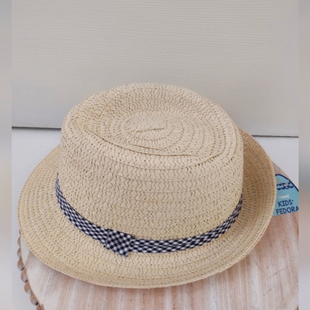 TARGET Straw Fedora Panama Beach Hat Youth Navy Blue White Trim